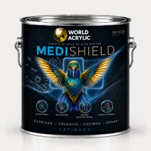 ESMALTE AL AGUA MEDISHIELD ANTIBACTERIAL • APLICACION CON HONGOS • RESISTE DESINFECTANTES • LAVADO INTENSIVO